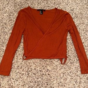 Orange Ribbed Wrap Front Forever 21 Half Sleeve Shirt - Size Small (S)